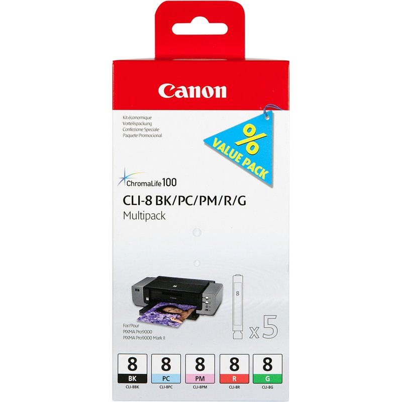 Canon CLI-8 BK/PC/PM/R/G 5 Ink Cartridge Multipack. Colour ink type: Dye-based ink Supply type: Multi pack Printing colours: Photo cyan Photo magenta Quantity per pack: 5 pc(s)