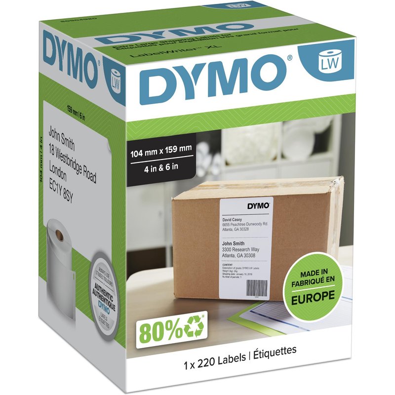 DYMO Authentic LabelWriter Extra Large Shipping Labels | 104 mm x 159 mm | Self Adhesive | Roll of 220 Easy-Peel Labels | for LabelWriter 4XL/5XL Label Makers White Self-adhesive printer label Paper Permanent Rectangle LabelWriter