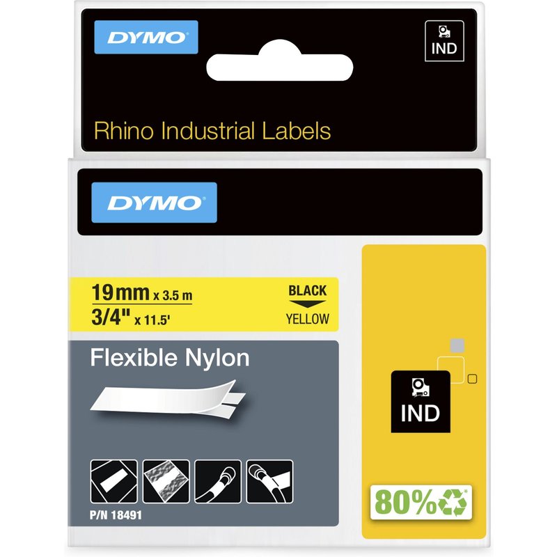 DYMO Rhino Industrial Flexible Nylon Labels | 19 mm x 3.5 m | Black Print on Yellow | Self-Adhesive | for Rhino & LabelManager Label Makers