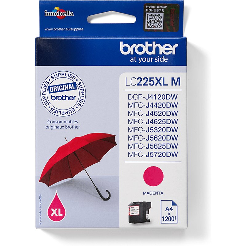 Brother LC225XLM. Colour ink type: Pigment-based ink Supply type: Single pack Colour ink page yield: 1200 pages Printing colours: Magenta Quantity per pack: 1 pc(s)
