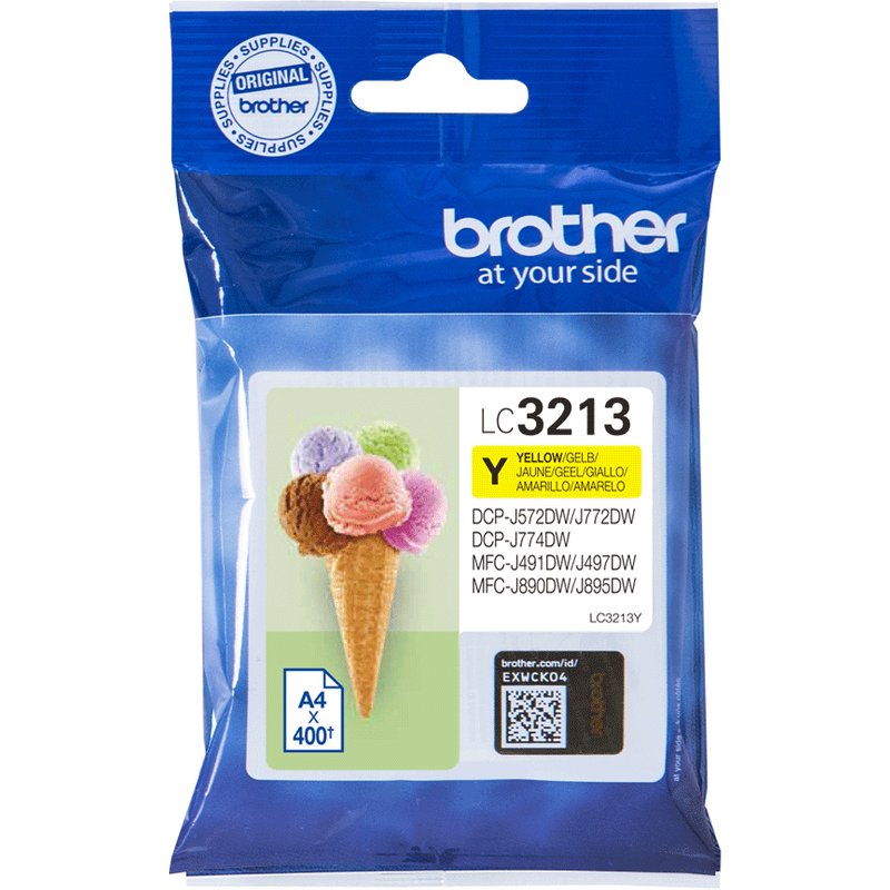 Brother LC3213Y. Colour ink type: Pigment-based ink Cartridge capacity: High (XL) Yield Supply type: Single pack Colour ink page yield: 400 pages Printing colours: Yellow Quantity per pack: 1 pc(s)