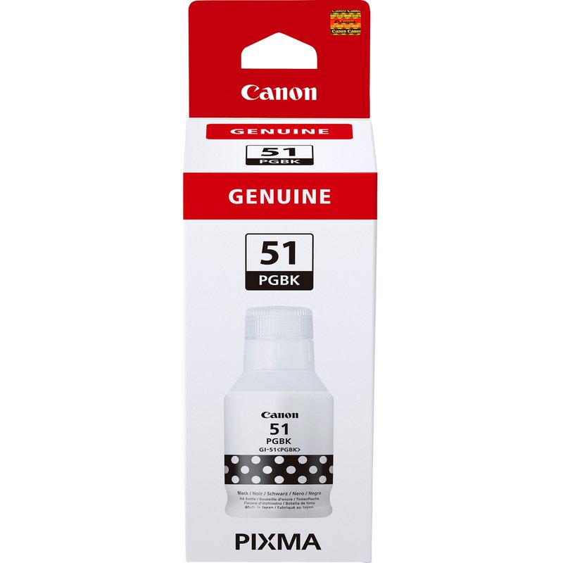 Canon GI-51PGBK Ink Bottle Black. Type: Original Printing colours: Black Brand compatibility: Canon. Quantity per pack: 1 pc(s) Package width: 62 mm Package depth: 176 mm