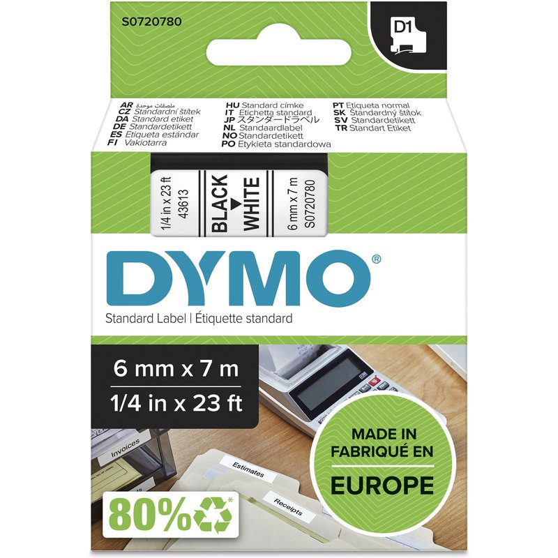 DYMO Authentic D1 Labels | Black Print on White Tape | 6 mm x 7 m | Self-Adhesive Labels for LabelManager Label Makers | Made in Europe Black on white D1 Polyester Belgium -18 - 90 C DYMO