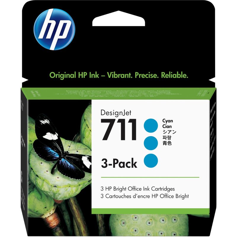 HP 711 3-pack 29-ml Cyan DesignJet Ink Cartridges HP DesignJet T100 T120 T125 T130 T520 T525 T530 Printer series Thermal inkjet Cyan CZ134A Singapore Malaysia 114.8 mm