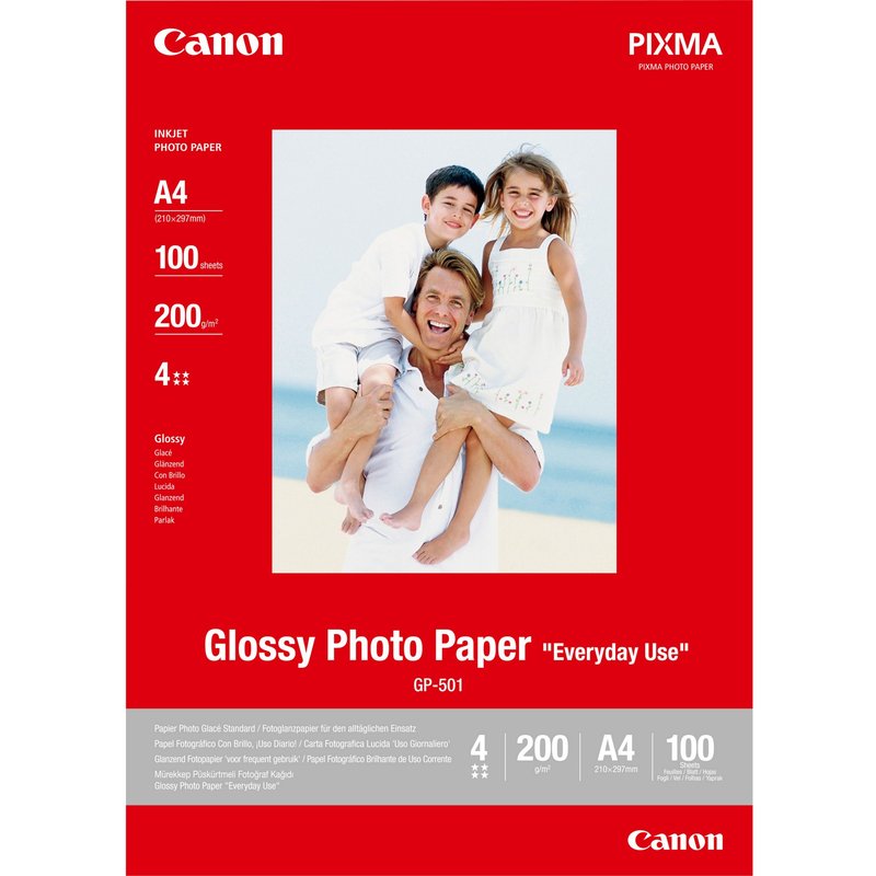 Canon GP-501 Glossy Photo Paper A4 - 100 Sheets. Finish type: Gloss Media weight: 200 g/m Paper size: A4. Paper dimensions: 210 x 297 mm