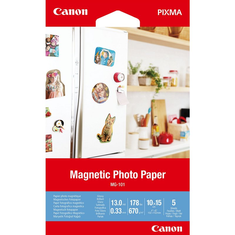 Canon MG-101 Magnetic Photo Paper 4x6" 5 sheets. Paper size: 10x15 cm Product colour: White Sheets per pack: 5 sheets