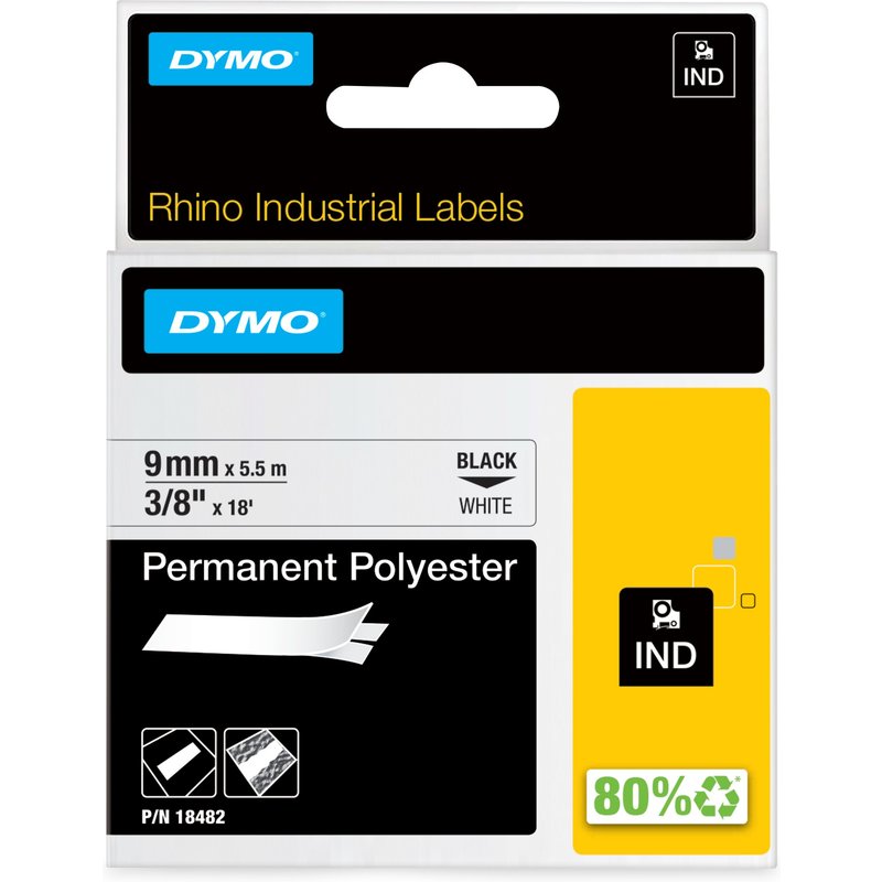DYMO Rhino Industrial Permanent Polyester Labels | 9 mm x 3.5 m | Black Print on White | Self-Adhesive | for LabelManager & Rhino Label Makers Black on white Multicolour Polyester -40 - 150 C UL 969 DYMO
