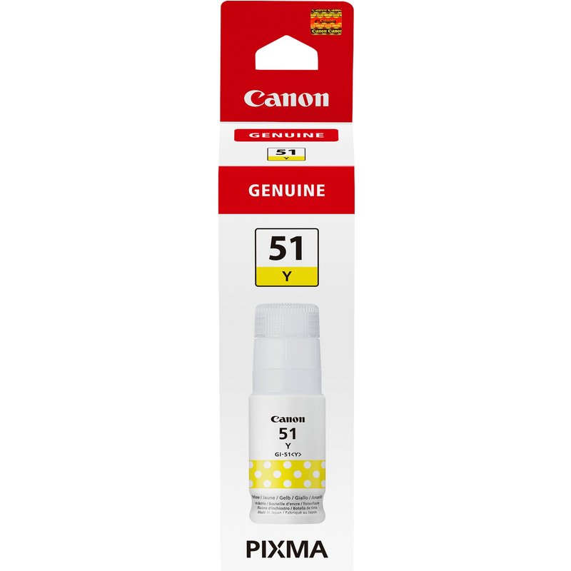 Canon GI-51Y Ink Bottle Yellow. Type: Original Printing colours: Yellow Brand compatibility: Canon. Quantity per pack: 1 pc(s) Package width: 47 mm Package depth: 167 mm