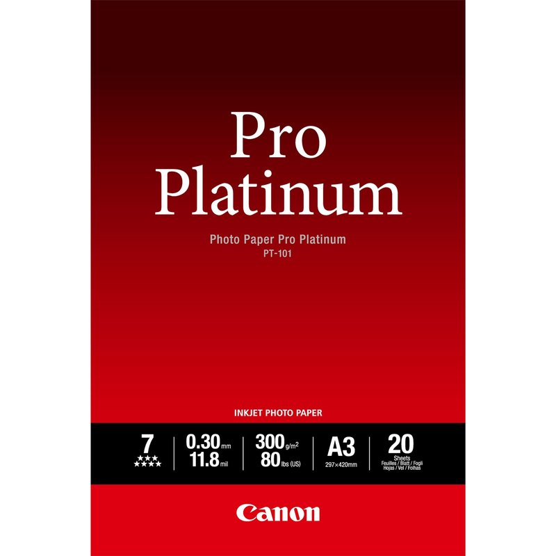 Canon PT-101 Pro Platinum Photo Paper A3 - 20 Sheets. Products per pallet: 20 pc(s). Paper dimensions: 297 x 420 Standard media sizes: A3