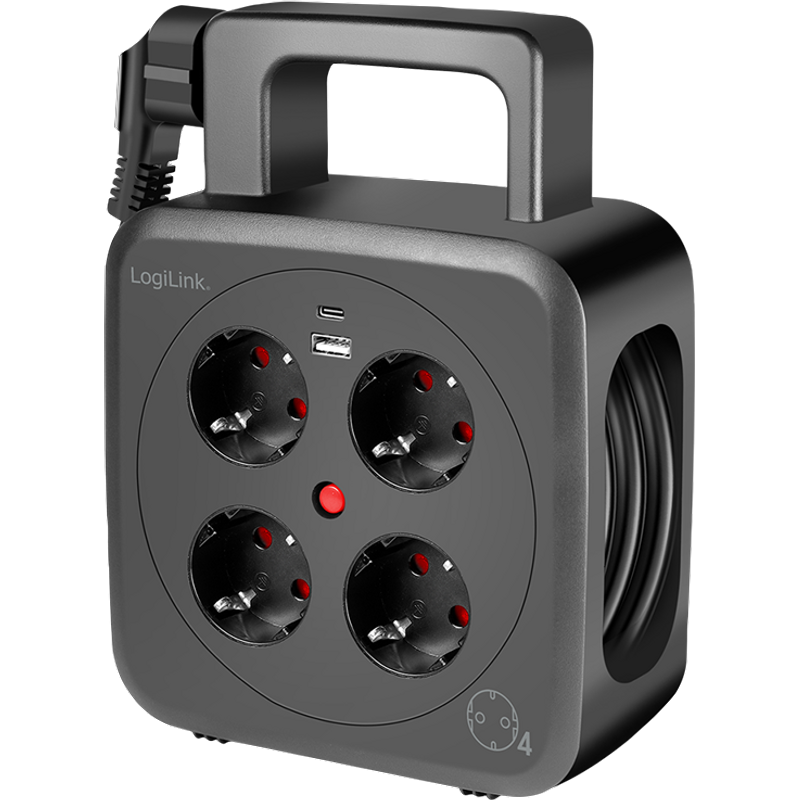 LogiLink Power Cable Reel 5m. 4 sockets. w/ USB-A & USB-C 20W. IP