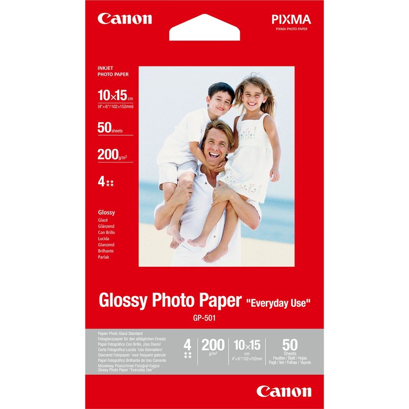 Canon GP-501 Glossy Photo Paper 4x6" - 50 Sheets. Finish type: Gloss Media weight: 200 g/m Print technology: Inkjet. Width: 102 mm Height: 152 mm