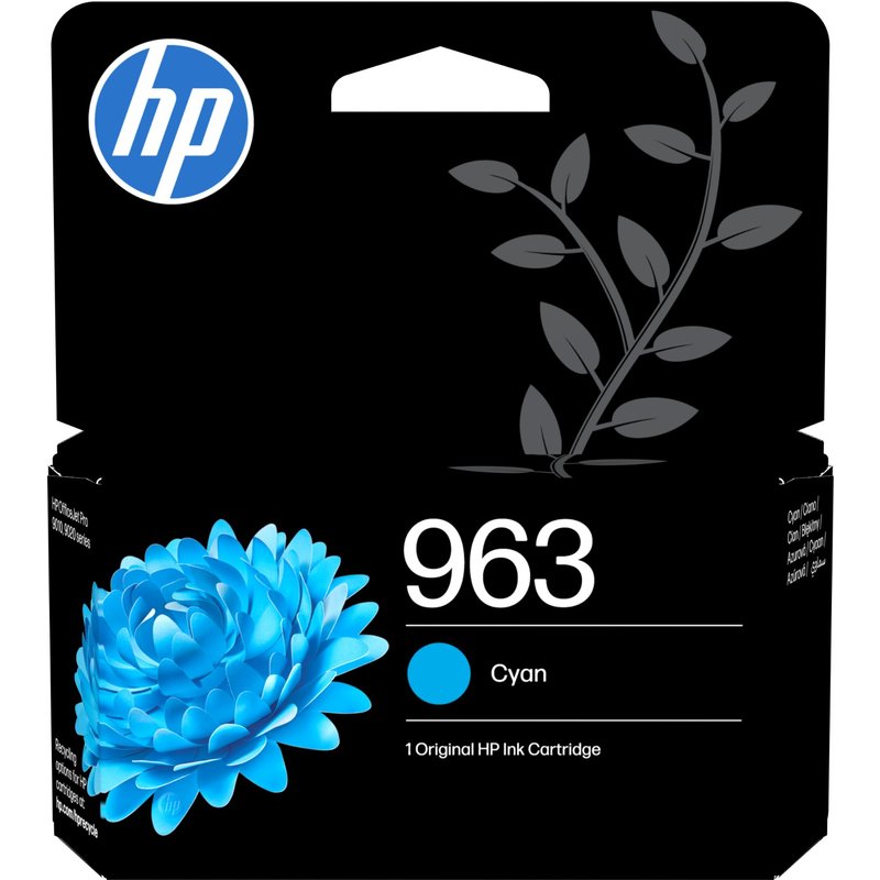 HP 963 Cyan Original Ink Cartridge. Colour ink type: Pigment-based ink Cartridge capacity: Standard Yield Supply type: Single pack Colour ink page yield: 700 pages Colour ink volume: 10.74 ml Printing colours: Cyan Quantity per pack: 1 pc(s)