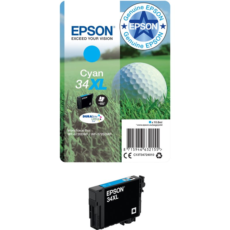Epson Golf ball 34XL DURABrite Ultra Single Cyan Ink. Cartridge capacity: High (L) Yield Supply type: Single pack Colour ink page yield: 950 pages Colour ink volume: 10.8 ml Printing colours: Cyan Quantity per pack: 1 pc(s)