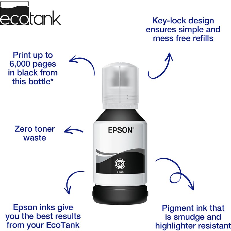 Epson 111 EcoTank Pigment Black Ink Bottle Original Black Epson EcoTank ET-M3180 ET-M3170 ET-M3140 ET-M2140 ET-M1180 ET-M1140 ET-M1120 ET-M1100 High (L) Yield 120 ml