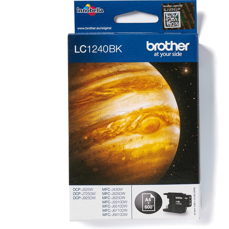 Brother LC1240BK. Black ink type: Pigment-based ink Supply type: Single pack Colour ink page yield: 600 pages Printing colours: Black Quantity per pack: 1 pc(s) Black ink page yield: 600 pages