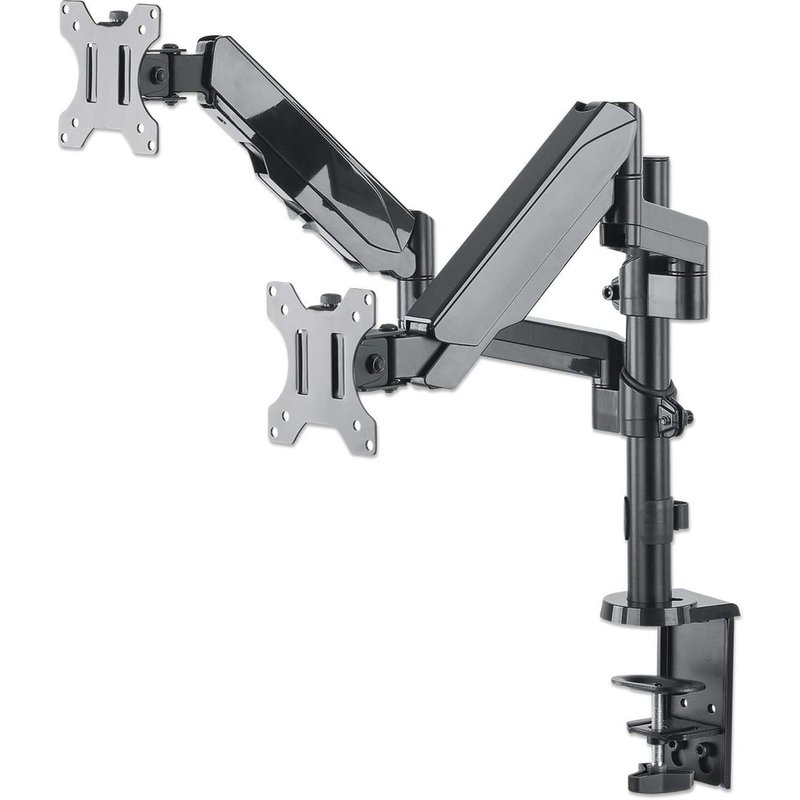 Manhattan Dual Desk Mount for TV & Monitors (Full Motion Gas Spring), For screens 10" to 27", Clamp or Grommet Assembly, VESA compatibility: 75x75 and 100x100mm - check the dimensions of the four mounting holes on back of screen to ensure it fits, Max 8kg