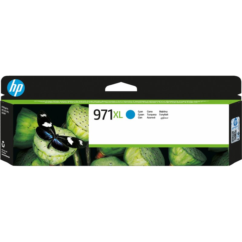 HP 971XL High Yield Cyan Original Ink Cartridge. Colour ink type: Pigment-based ink Cartridge capacity: High (XL) Yield Colour ink page yield: 6600 pages Colour ink volume: 1 ml Printing colours: Cyan Quantity per pack: 1 pc(s)