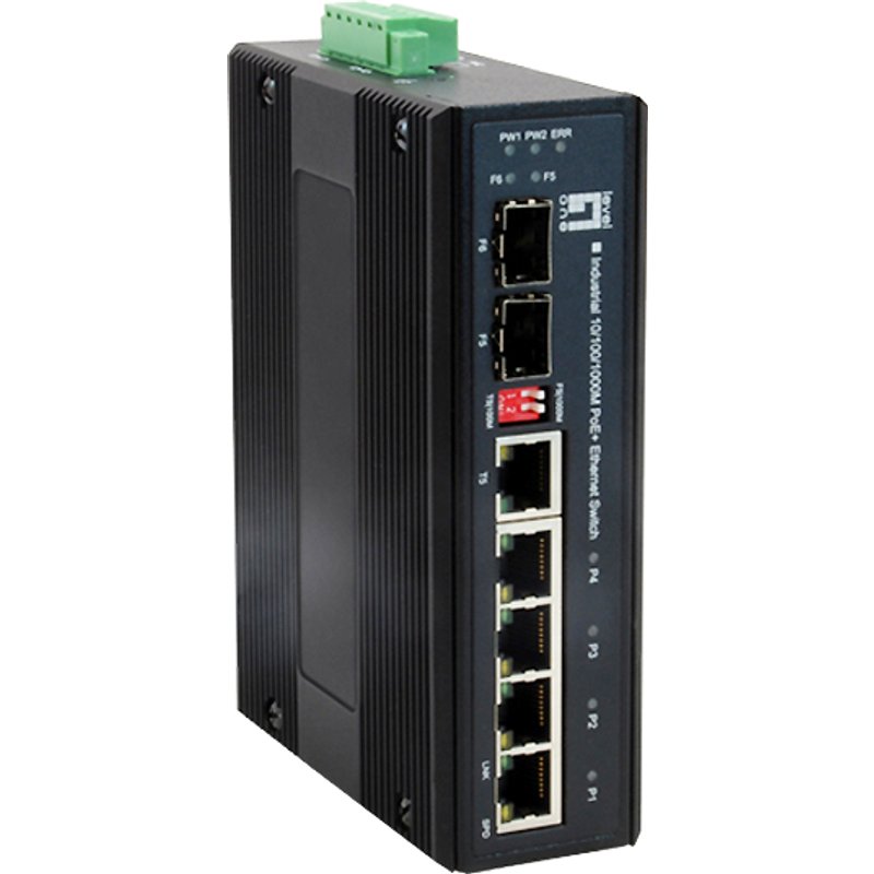 LevelOne 6-Port Gigabit PoE Industrial Switch. 802.3at/af PoE. 4 PoE O