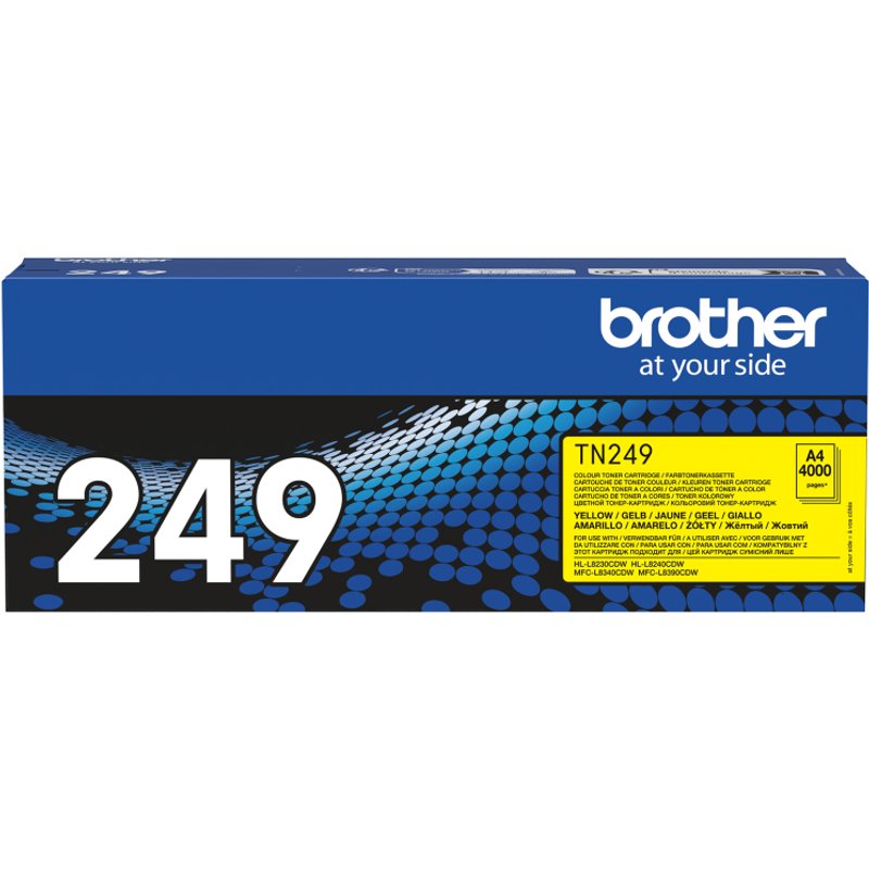 Brother TN-249Y. Colour toner page yield: 4000 pages Printing colours: Yellow Quantity per pack: 1 pc(s)