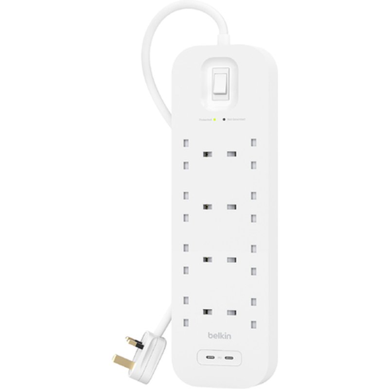 Belkin SRB004af2M. Surge energy rating: 900 J AC outlets quantity: 8 AC outlet(s) AC outlet types: Type G (BS 1363). Product colour: White. Cable length: 2 m
