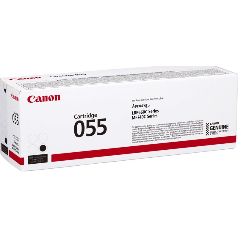 Canon 055. Black toner page yield: 2300 pages Printing colours: Black Quantity per pack: 1 pc(s)