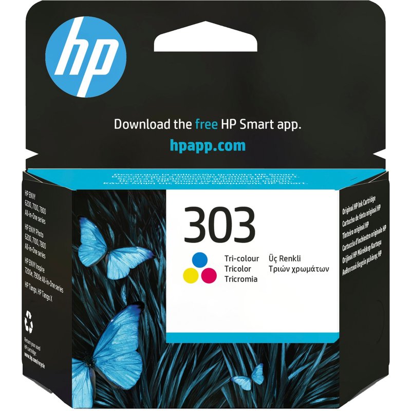 HP 303 Tri-color Original Ink Cartridge. Colour ink type: Dye-based ink Cartridge capacity: Standard Supply type: Single pack Colour ink page yield: 165 pages Printing colours: Cyan Magenta Yellow Quantity per pack: 1 pc(s)