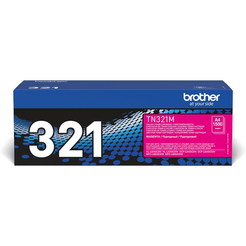 Brother TN-321M. Colour toner page yield: 1500 pages Printing colours: Magenta Quantity per pack: 1 pc(s)