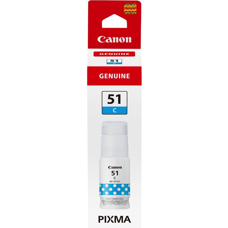Canon GI-51C Ink Bottle Cyan. Type: Original Printing colours: Cyan Brand compatibility: Canon. Quantity per pack: 1 pc(s) Package width: 179 mm Package depth: 44 mm