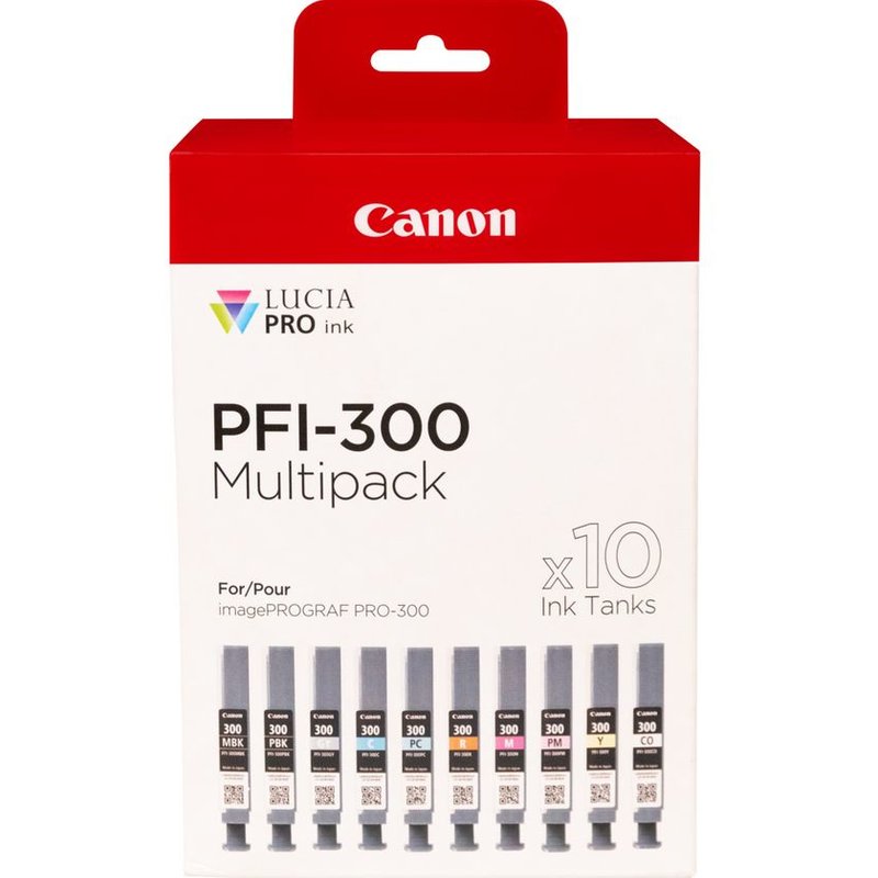 Canon PFI-300. Supply type: Multi pack Printing colours: Black Blue Cyan Grey Magenta Photo black Photo magenta Red Yellow Quantity per pack: 10 pc(s)