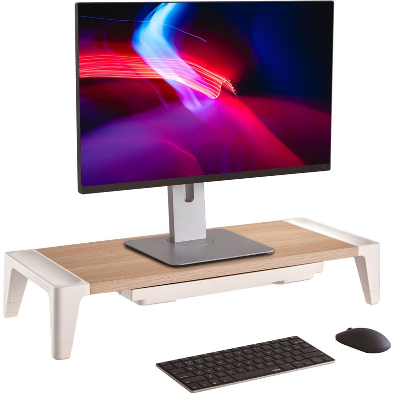 ProperAV Monitor Riser Stand with Height Adjustment and Drawer - Wood