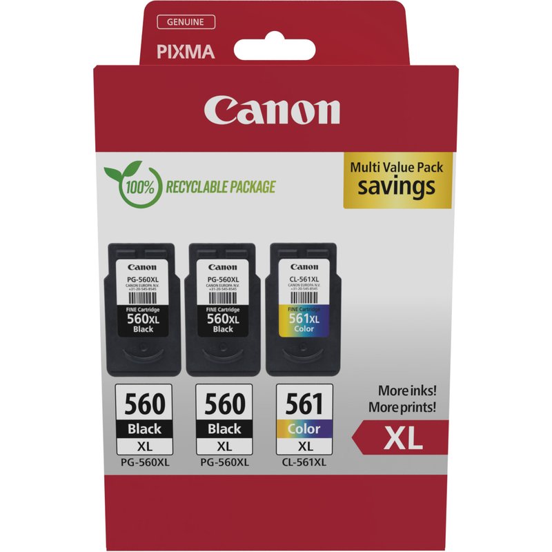 Canon 3712C009. Cartridge capacity: High (XL) Yield Supply type: Multi pack Printing colours: Black Cyan Magenta Yellow Quantity per pack: 3 pc(s)
