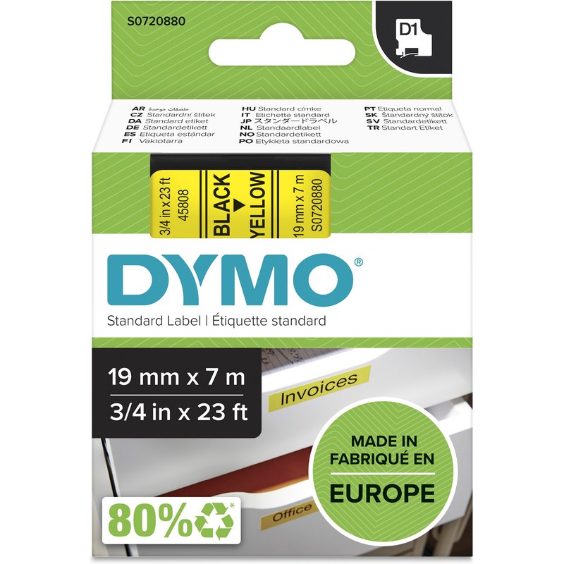 DYMO Authentic D1 Labels | Black Print on Yellow Tape | 19 mm x 7 m | Self-Adhesive Labels for LabelManager Label Makers | Made in Europe Black on yellow Polyester Belgium -18 - 90 C DYMO LabelManager LabelWriter 450 DUO