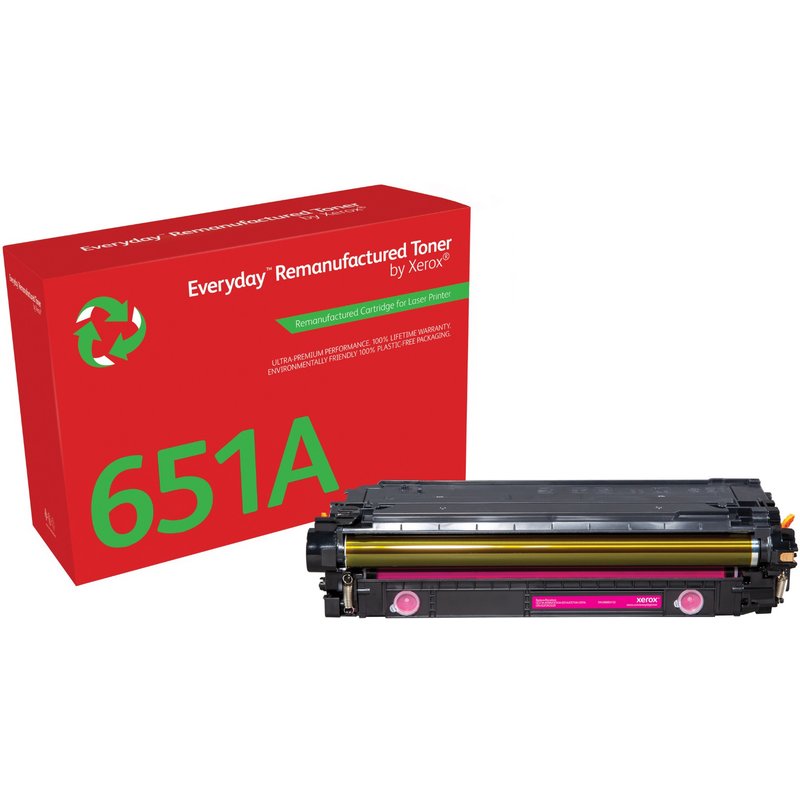 Everyday Magenta Remanufactured Toner by compatible with HP 651A 650A 307A (CE343A/CE273A/CE743A) Standard capacity. Black toner page yield: 16000 pages Colour toner page yield: 16000 pages Printing colours: Magenta Quantity per pack: 1 pc(s)