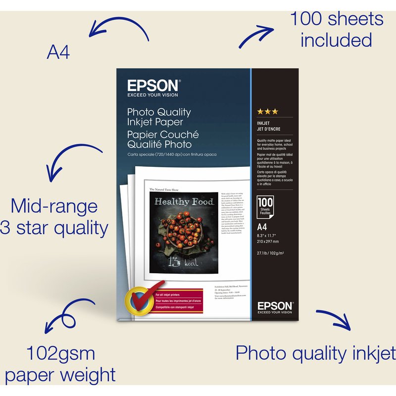 Epson A4 Photo Quality Inkjet Paper 102gsm. 100 sheets