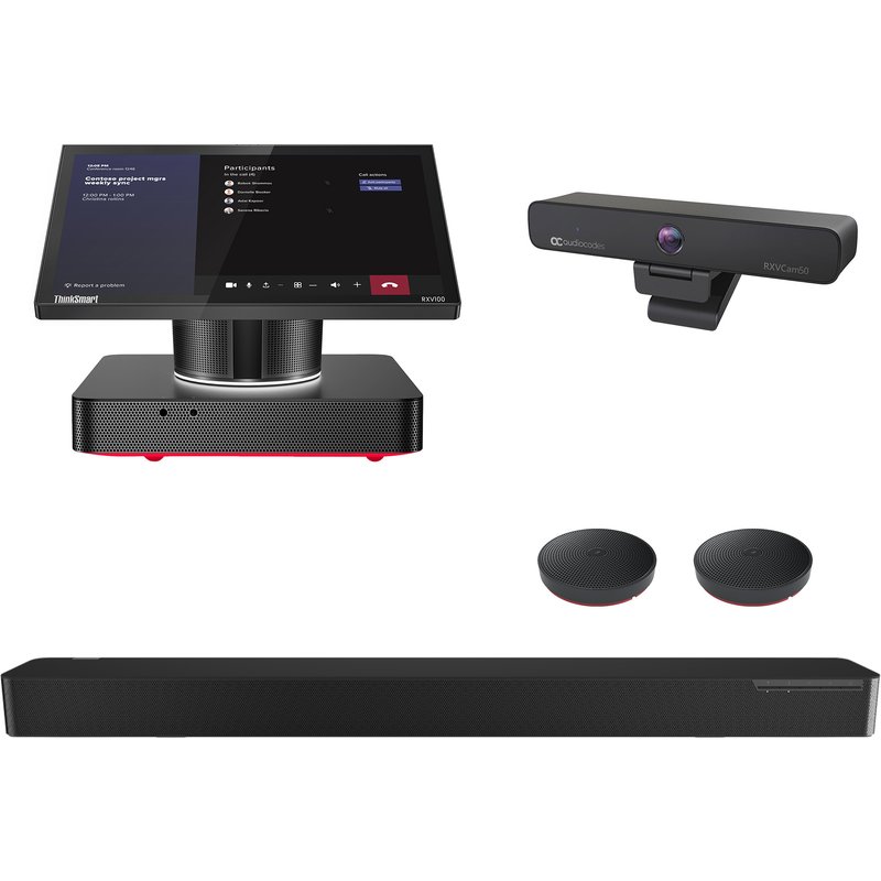 AudioCodes RXV100 Hub with Audio bundled with RXVCam50M and RX40 (Audio Bar with satellite speakers) for use up to large rooms. Compatible with Teams or Zoom