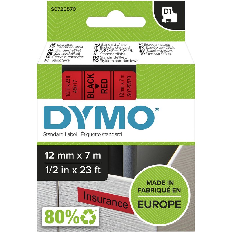 DYMO Authentic D1 Labels | Black Print on Red Tape | 12 mm x 7 m | Self-Adhesive Labels for LabelManager Label Makers | Made in Europe Black on red Polyester Belgium -18 - 90 C DYMO LabelManager LabelWriter 450 DUO