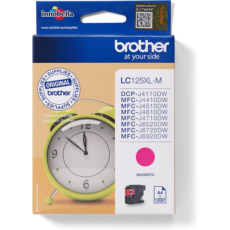 Brother LC125XLM. Colour ink type: Pigment-based ink Cartridge capacity: Extra (Super) High Yield Supply type: Single pack Colour ink page yield: 1200 pages Printing colours: Magenta Quantity per pack: 1 pc(s)