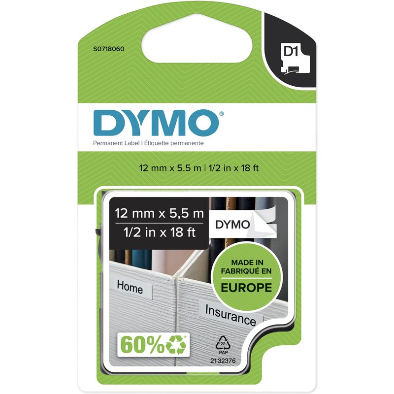 DYMO D1 High-Performance Permanent Polyester Labels | 12 mm x 5.5m Roll | Black Print on White | Self-Adhesive Labels for LabelManager Label Printers | Authentic Black on white Polyester Belgium -40 - 150 C DYMO LabelManager