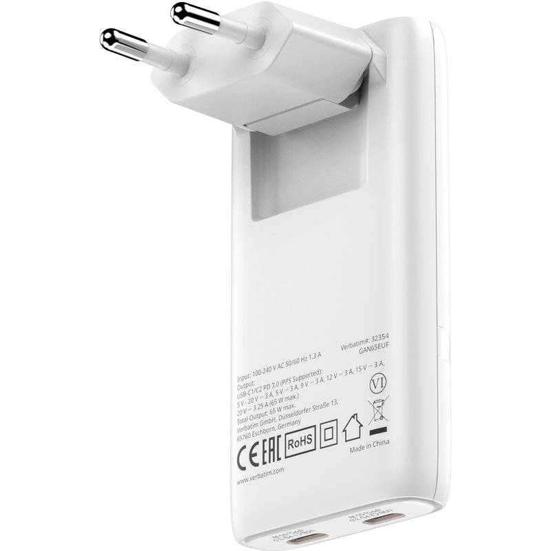 Verbatim Fold 'n' Go GaN Charger 65W EU plug White