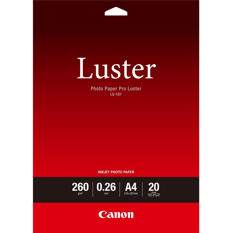 Canon LU-101 Luster Photo Paper Pro A4 - 20 Sheets. Finish type: Satin Media weight: 260 g/m Product colour: White. Media size (1 slide): A4 Media sheets per package: 20 sheets
