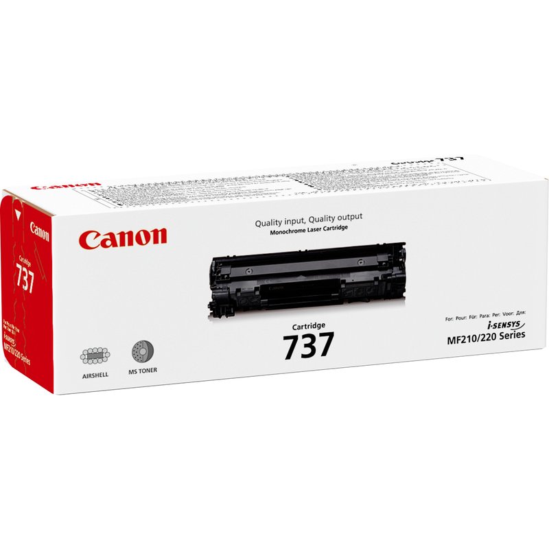 Canon 737 Toner Cartridge. Black toner page yield: 2100 pages Printing colours: Black Quantity per pack: 1 pc(s)