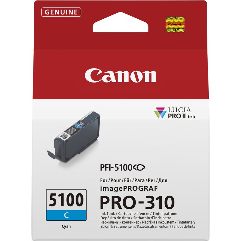 Canon PFI-5100 C. Supply type: Single pack Colour ink volume: 14.4 ml Printing colours: Cyan Quantity per pack: 1 pc(s)