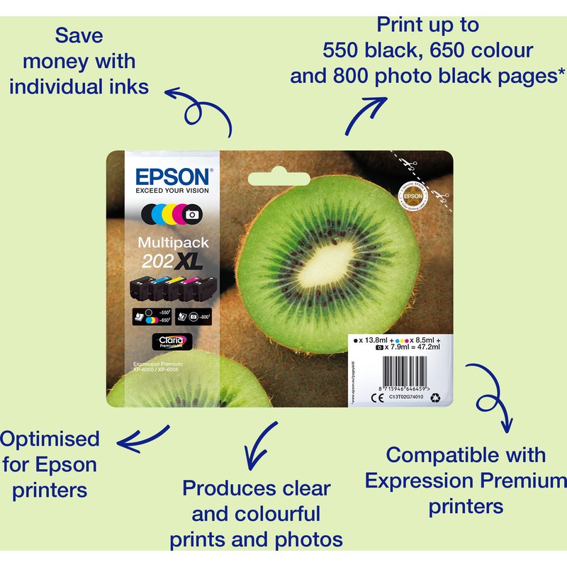 Epson Kiwi Singlepack Photo Black 202 Claria Premium Ink Standard Yield Black Dye-based ink 4.1 ml 1 pc(s) 400 pages