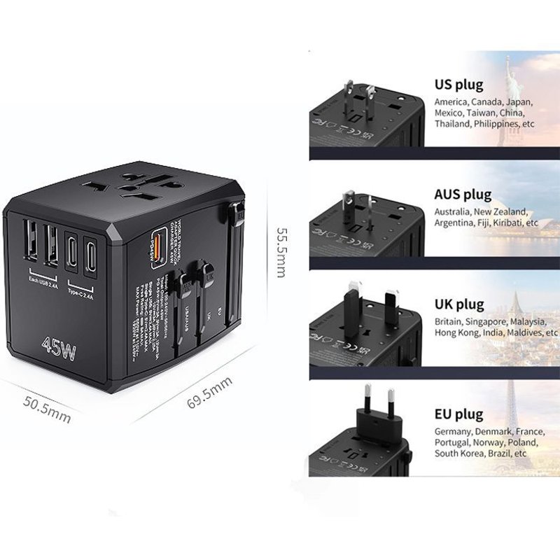 FDL 5 PORT USB TRAVEL CHARGER 1+2 USB-C PD & 2 USB-A QC3 - 45W