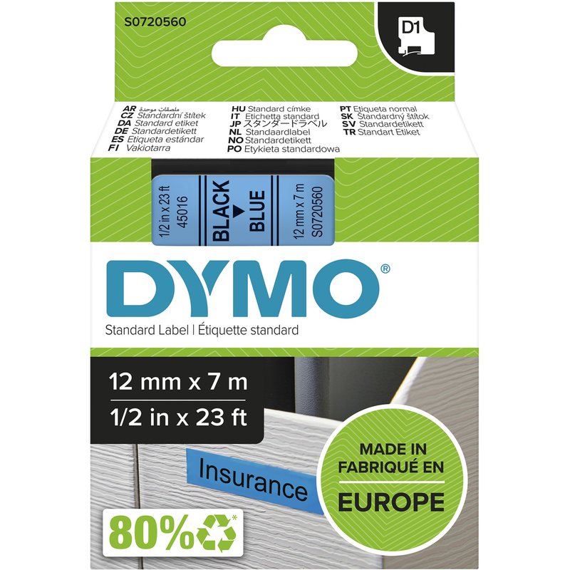 DYMO Authentic D1 Labels | Black Print on Blue Tape | 12 mm x 7 m | Self-Adhesive Labels for LabelManager Label Makers | Made in Europe