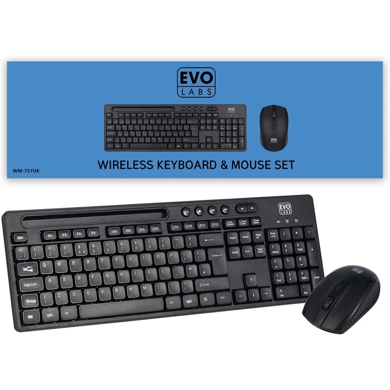 Evo Labs WM-757UK Wireless and Mouse Combo Set, 2.4GHz Full Size Qwerty UK Layout with Wireless Mouse, Ideal for Home or Office, Black keyboard Mouse included Home/Office UK International
