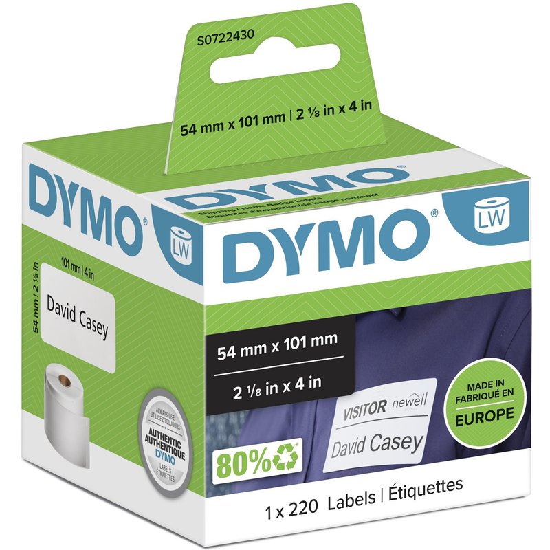 DYMO Authentic LabelWriter Large Shipping Labels/Name Badges | 54 mm x 101 mm | Self-Adhesive | Roll of 220 Easy-Peel Labels | for LabelWriter Label Makers | Made in Europe