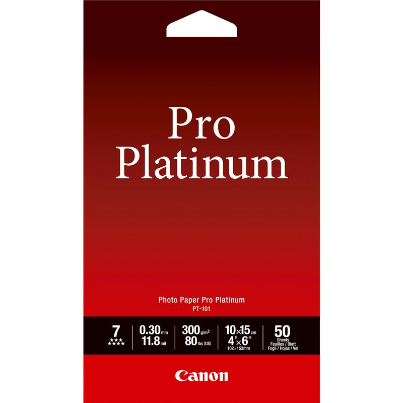 Canon PT-101 Pro Platinum Photo Paper 4x6 - 50 sheets. Media weight: 300 g/m Printing media thickness: 11.8 m. Media sheets per package: 50 sheets Paper dimensions: 4" x 6" Printing material brightness: 98 %