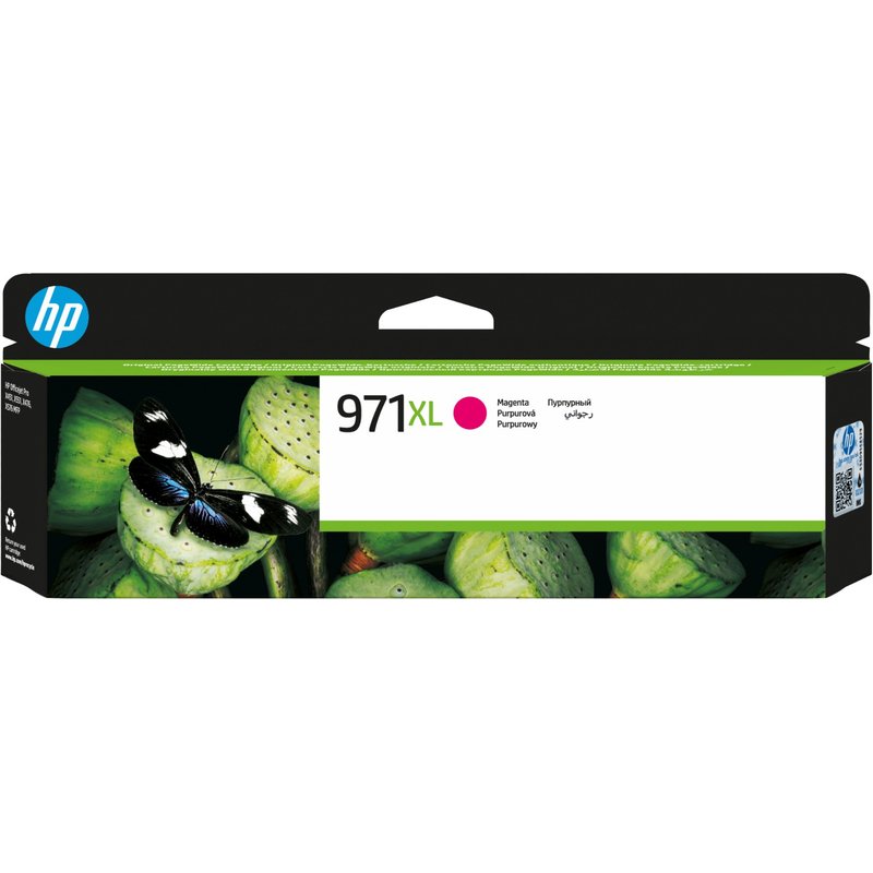 HP 971XL High Yield Magenta Original Ink Cartridge. Colour ink type: Pigment-based ink Cartridge capacity: High (XL) Yield Colour ink page yield: 6600 pages Colour ink volume: 80.5 ml Printing colours: Magenta Quantity per pack: 1 pc(s)