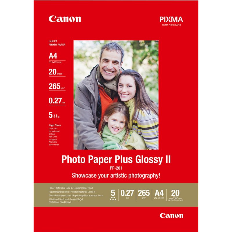 Canon PP-201 Glossy II Photo Paper Plus A4 - 20 Sheets. Finish type: Gloss Media weight: 260 g/m Paper size: A4. Width: 210 mm Height: 297 mm